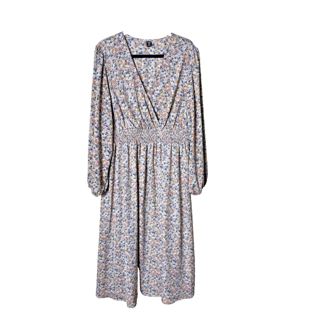 Shein Curve Smocked Waist Multicolor Long Sleeve Floral Midi Dress Size 2XL